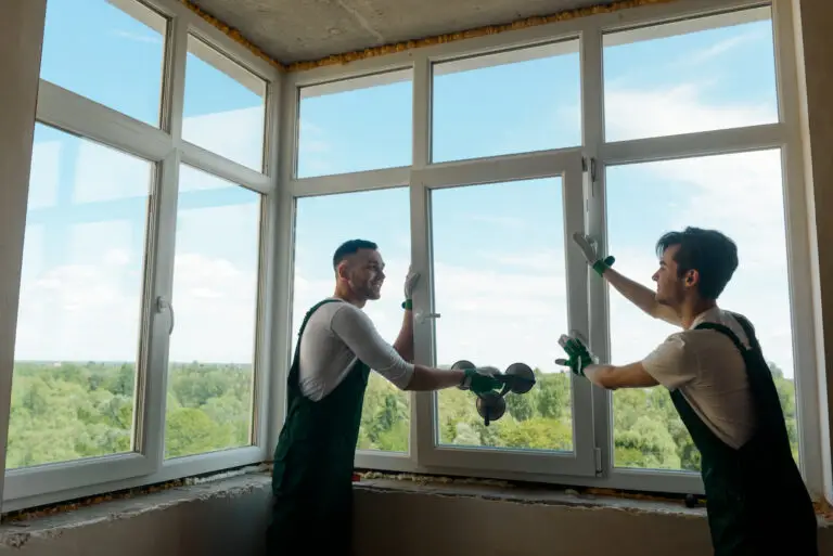 Two construction workers in overalls and gloves installing a large white-framed window, with blue sky and trees outside.